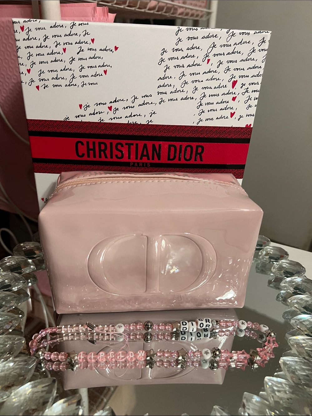 Christian Dior Pink Patent Cosmetic Pouch with Cell Phone Accessory & Box